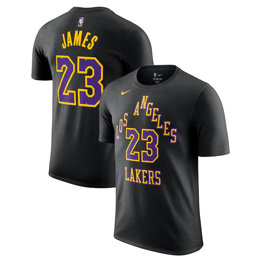 Men's Los Angeles Lakers #23 LeBron James Purple 2023/24 City Edition Name & Number T-Shirt Men's Los Angeles Lakers #23 LeBron James Purple 2023/24 City Edition Name & Number T-Shirt